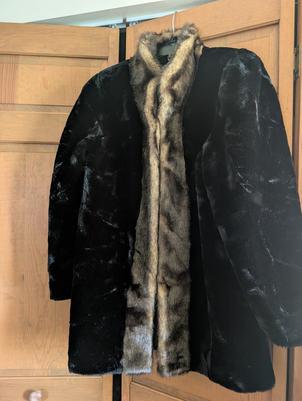 Olympia Activewear Black Faux Fur Coat with Brown Trim